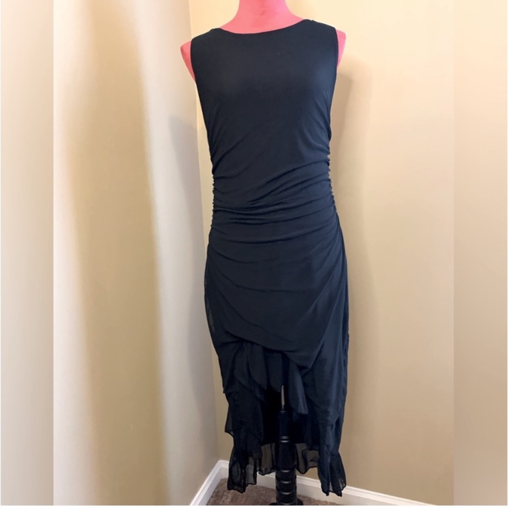 BLACK ASYMMETRICAL RUFFLE HEM RUCHED DRESS - Picture 5 of 13